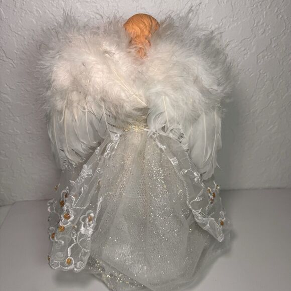 Angel Tree Topper Christmas White‎ with Beads Tulle Feathers 12 In - Picture 7 of 11